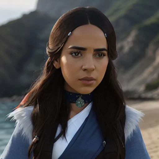 (high detailed skin:1.2), full body, 1woman, kataras3, aged up, adult, mature, mature female, toned, dark skin, jewelry, looking at viewer, sea, blue beach, eyes, small details, looking at viewer, upper body, photorealistic, ultra-realistic photo, 8k uhd, dslr, soft lighting, high quality, film grain, ((masterpiece)), 8k, HDR, highly detailed, professional <lora:KataraV2:1> <lora:more_details:1>