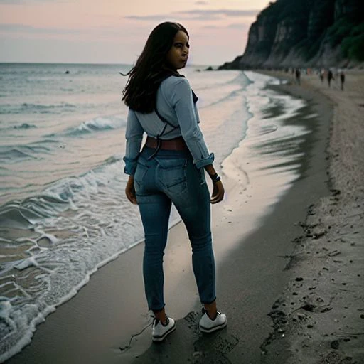 (high detailed skin:1.2), full body, 1woman, kataras3, aged up, adult, mature, mature female, toned, dark skin, jewelry, full body, looking at viewer, standing, looking back, from behind, ass, sea, blue beach, eyes, small details, looking at viewer, photorealistic, ultra-realistic photo, 8k uhd, dslr, soft lighting, high quality, film grain, ((masterpiece)), 8k, HDR, highly detailed, professional <lora:KataraV2:1> <lora:more_details:1>