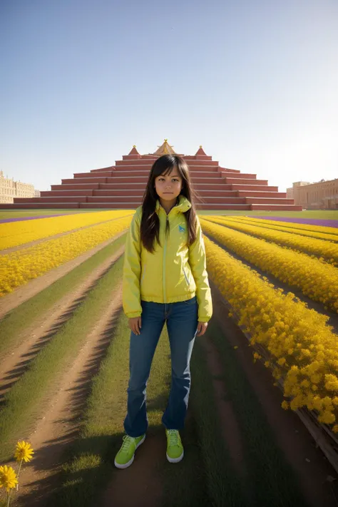 1girl, (by Tibor Nagy:0.9) , vibrant Spray paint style, Golden ratio, landscape of a Plush Unappealing ([Kyrgyzstan|Huaca Pucllana]:1.3) in the distance there is a Palace, Viking flower field and Aquarius constellation in background, Foggy conditions, Sad, Emo Art, hard light, F/2.8, complementary colors, Lime green explosions, Decoupage, HDR, hyperdetailed, emotional, photograph, grim