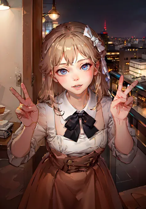 1girl, (masterpice:1.1), (realistic:1.3), 4k, night light, perfect face, best quality, (pink dress:1.1), white bow-tie, shiny face, (double v:1.1), from above, cafe, blur background, <lora:doubleVConcept_v1:1>