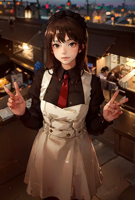1girl, (masterpice:1.1), (realistic:1.3), 4k, night light, perfect face, best quality, pink maid dress, yellow tie, shiny face, (double v:1.1), from above, cafe, blur background, <lora:doubleVConcept_v1:1>