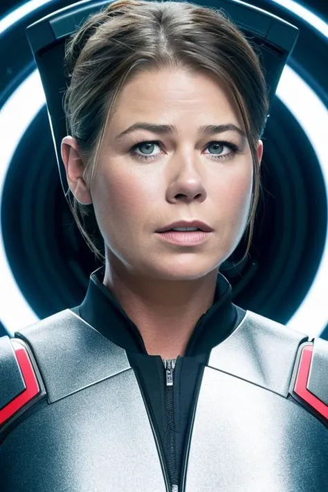 Masterpiece, best quality, promo photo of a t13rn3y wearing a futuristic fashion outfit and talking <set restore_faces>1</set>, (closeup:1.3), skin texture