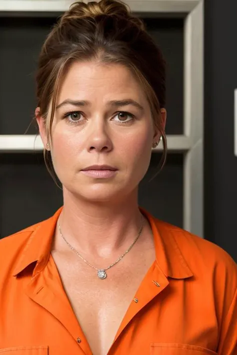 Masterpiece, best quality, promo photo of a t13rn3y wearing a orange jumpsuit and staring <set restore_faces>1</set>, (closeup:1.3), skin texture