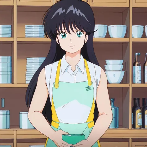 masterpiece,high quality,solo,indoors,
<lora:madokaayukawa001:0.7>,looking at viewer,smile,
madokaayukawa,1girl,
long hair,black hair,aqua eyes,
white collared shirt,yellow sleeveless dress,apron,logo,
counter,