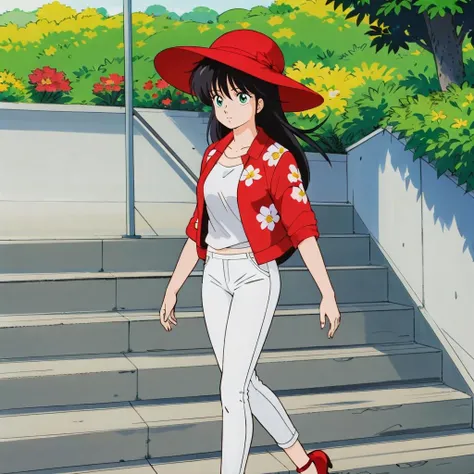 masterpiece,high quality,solo,outdoors,
<lora:madokaayukawa001:0.7>,
madokaayukawa,1girl,
long hair,black hair,aqua eyes,
red zhong broad hat,
floral jacket,open jacket,
white pants,
shoes,
long staircase,