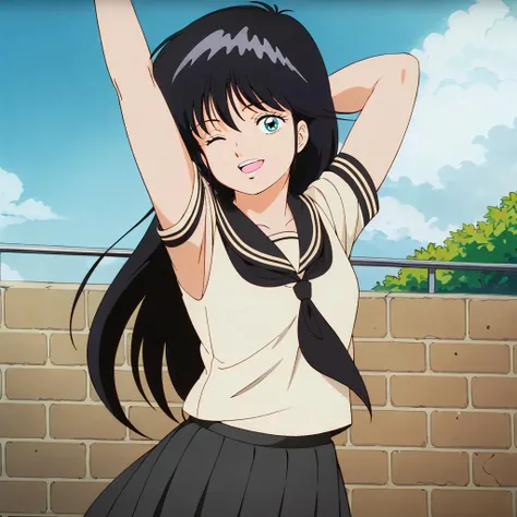 masterpiece,high quality,solo,outdoors,
<lora:madokaayukawa001:0.7>,smile,open mouth,head tilt,arm up,
madokaayukawa,1girl,
long hair,black hair,aqua eye,one eye closed,
serafuku,black neckerchief,
pleated skirt,