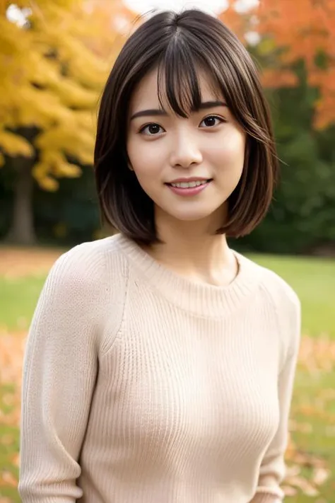 1girl,(wearing a sweater:1.2),(RAW photo, best quality), (realistic, photo-realistic:1.4), masterpiece, an extremely delicate and beautiful, extremely detailed, 2k wallpaper, Amazing, finely detail, extremely detailed CG unity 8k wallpaper, ultra-detailed, highres, soft light, beautiful detailed girl, extremely detailed eyes and face, beautiful detailed nose, beautiful detailed eyes,cinematic lighting,autumn scenery,sunlight,maple trees in autumn,perfect anatomy,slender body,smiling, <lora:matsuokamayu_lora:0.8>