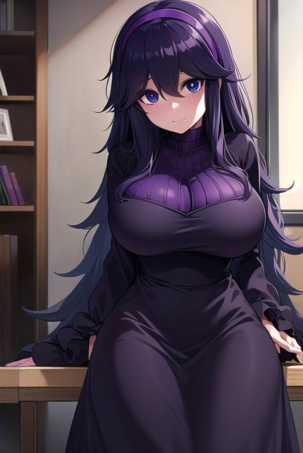 A woman in a black dress sitting on a table with a bookcase - SeaArt AI