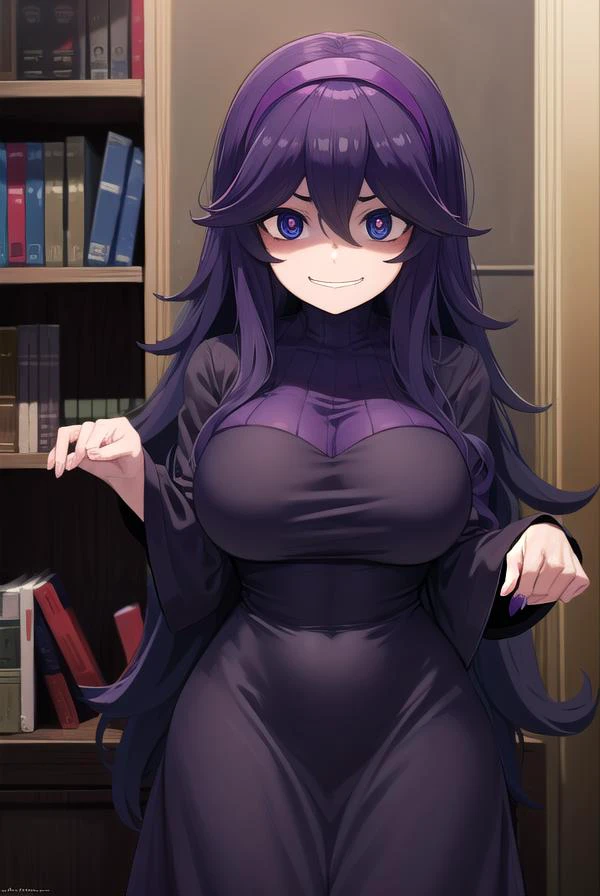 hexmaniac, <lyco:hexmaniac-lyco-nochekaiser:1>,
(hex maniac:1.5), hairband, messy hair, (purple eyes:1.1), purple hair, purple hairband, @ @, <lora:talkmouth_I_v100:1>,
BREAK black dress, dress, long dress, long sleeves, juliet sleeves,
BREAK looking at viewer, upper body, full body, (cowboy shot:1.5),
BREAK indoors, library,
BREAK <lyco:GoodHands-beta2:1>, (masterpiece:1.2), best quality, high resolution, unity 8k wallpaper, (illustration:0.8), (beautiful detailed eyes:1.6), extremely detailed face, perfect lighting, extremely detailed CG, (perfect hands, perfect anatomy),