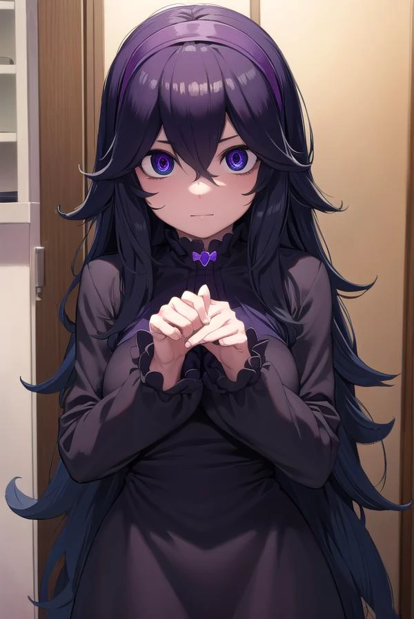 hexmaniac, <lyco:hexmaniac-lyco-nochekaiser:1>,
(hex maniac:1.5), hairband, messy hair, (purple eyes:1.1), purple hair, purple hairband, ringed eyes, @ @,
BREAK black dress, dress, long dress, long sleeves, juliet sleeves,
BREAK looking at viewer, upper body, full body, (cowboy shot:1.5),
BREAK indoors, library,
BREAK <lyco:GoodHands-beta2:1>, (masterpiece:1.2), best quality, high resolution, unity 8k wallpaper, (illustration:0.8), (beautiful detailed eyes:1.6), extremely detailed face, perfect lighting, extremely detailed CG, (perfect hands, perfect anatomy),