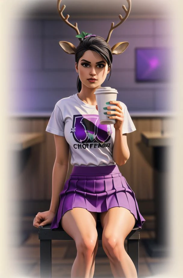 <lora:Fortnite_Reindeer_Raider_v2:0.5>, 1girl, solo, picture-perfect face, flawless, clean, masterpiece, professional artwork, famous artwork, cinematic lighting, cinematic bloom, perfect face, beautiful face, beautiful eyes, FR_Reindeer_Raider, (Black, Band T-Shirt:1.4), Christmas Holly, (Red Nose:1.2), (Purple Skirt:1.4), Sneakers, Sitting, Coffee Shop, Drinking Coffee