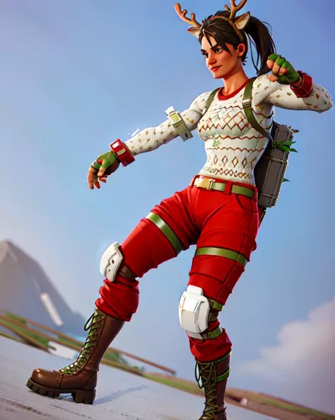 <lora:Fortnite_Reindeer_Raider:0.5>, FR_Reindeer_Raider, (Red Nose:1.2), Christmas Sweater, Gloves, Christmas Holly, Parachute Pants, Wrist Gauntlet, Arm band, Shin Guards, Boots, Ponytail, (((heroic pose, outdoors))), volumetric lighting, cgi, 3d, octane render, clouds, ambient occlusion