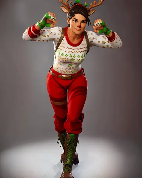 FR_Reindeer_Raider:0.65, (Red Nose:1.2), Christmas Sweater, Gloves, Christmas Holly, Parachute Pants, Wrist Gauntlet, Arm band, Shin Guards, Boots, (((cool pose, outdoors))), Solo, (anime style, detailed background:1.5, perfect hands, masterpiece:1.2, soft lighting) <lora:Fortnite_Reindeer_Raider:0.65>