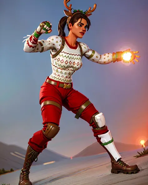 <lora:Fortnite_Reindeer_Raider:0.5>, FR_Reindeer_Raider, (Red Nose:1.2), Christmas Sweater, Gloves, Christmas Holly, Parachute Pants, Wrist Gauntlet, Arm band, Shin Guards, Boots, Ponytail, (((heroic pose, outdoors))), volumetric lighting, cgi, 3d, octane render, clouds, ambient occlusion