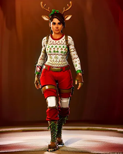 FR_Reindeer_Raider:0.65, Red Nose, Christmas Sweater, Gloves, Christmas Holly, Parachute Pants, Wrist Gauntlet, Arm band, Shin Guards, Boots, (((holding gun, outdoors))), Solo, (anime style, detailed background:1.5, perfect hands, masterpiece:1.2, soft lighting) <lora:Fortnite_Reindeer_Raider:0.65>