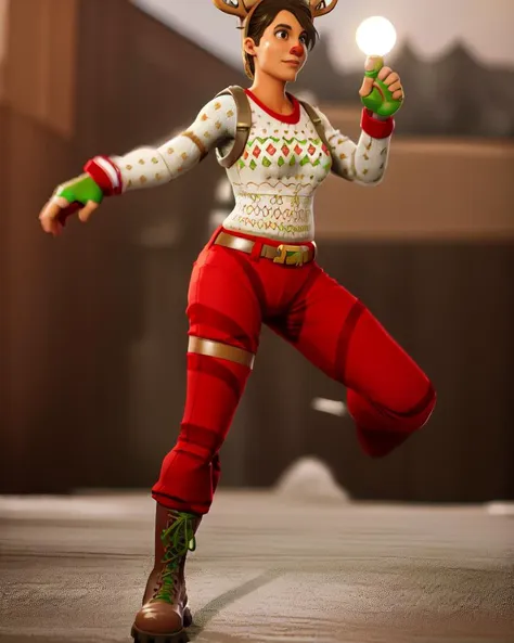 FR_Reindeer_Raider:0.65, (Red Nose:1.2), Christmas Sweater, Gloves, Christmas Holly, Parachute Pants, Wrist Gauntlet, Arm band, Shin Guards, Boots, (((cool pose, outdoors))), Solo, (anime style, detailed background:1.5, perfect hands, masterpiece:1.2, soft lighting) <lora:Fortnite_Reindeer_Raider:0.65>