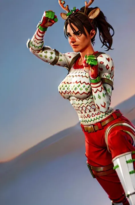 <lora:Fortnite_Reindeer_Raider:0.5>, FR_Reindeer_Raider, (Red Nose:1.2), Christmas Sweater, Gloves, Christmas Holly, Parachute Pants, Wrist Gauntlet, Arm band, Shin Guards, Boots, Ponytail, (((heroic pose, outdoors))), volumetric lighting, cgi, 3d, octane render, clouds, ambient occlusion