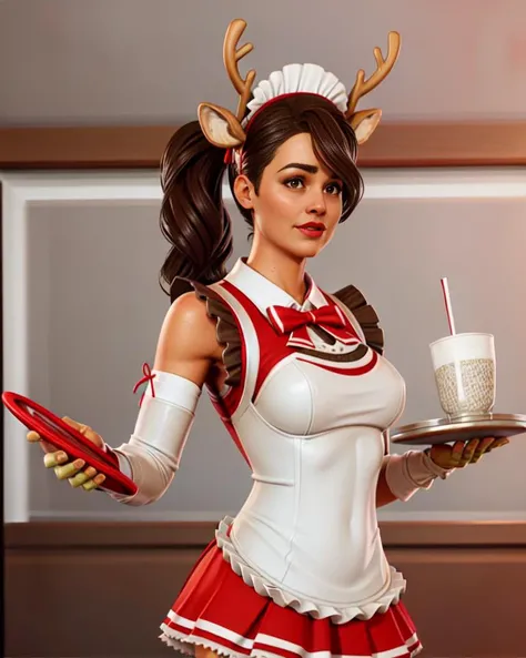 <lora:Fortnite_Reindeer_Raider:0.5>, FR_Reindeer_Raider, (Red Nose:1.1), Ponytail, (((French Maid Uniform, holding tray))), volumetric lighting, (((restaurant))), cgi, 3d, octane render, clouds, ambient occlusion