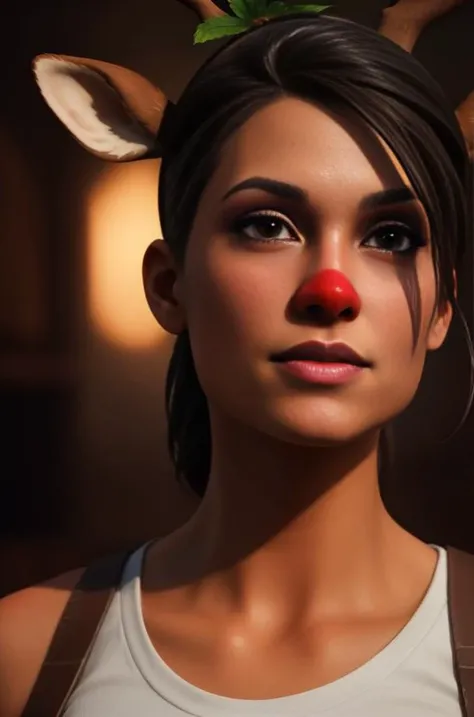1girl, solo, picture-perfect face, flawless, clean, masterpiece, professional artwork, famous artwork, cinematic lighting, cinematic bloom, perfect face, beautiful face, beautiful eyes, FR_Reindeer_Raider, , Christmas Holly, (Red Nose:1.2), ),<lora:FR_Reindeer_Raider_v2:0.5>