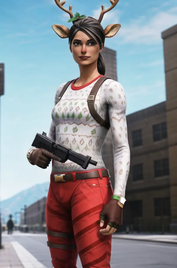 <lora:Fortnite_Reindeer_Raider_v2:0.7>, 1girl, solo, picture-perfect face, flawless, clean, masterpiece, professional artwork, famous artwork, cinematic lighting, cinematic bloom, perfect face, beautiful face, beautiful eyes, FR_Reindeer_Raider, Christmas Sweater, Christmas Holly, (Red Nose:1.2), Gloves, Parachute Pants, Wrist Gauntlet, Arm band, Shin Guards, Boots, Outdoors, City Street, (Holding Weapon, Pistol:1.5), (Posing:1.5)