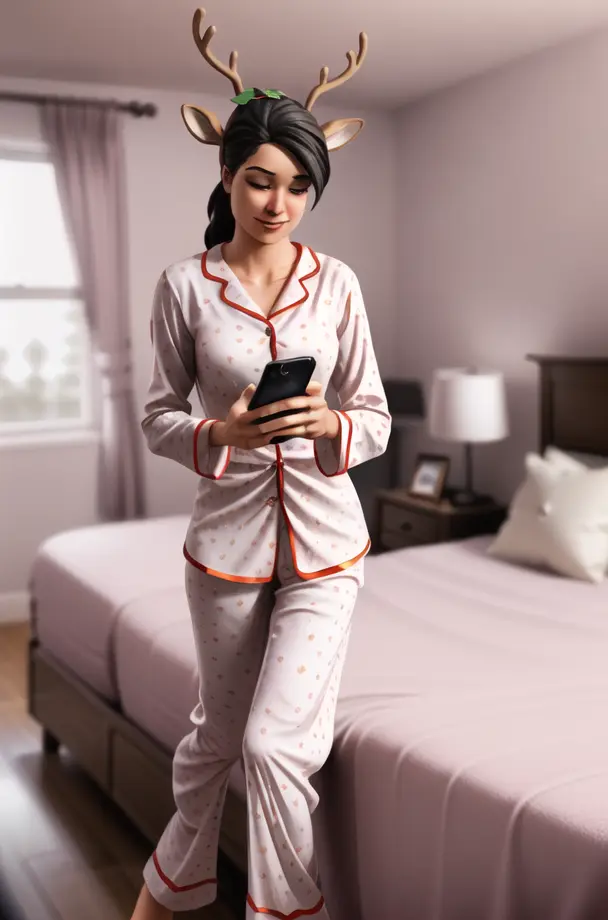 <lora:Fortnite_Reindeer_Raider_v2:0.5>, 1girl, solo, best quality, FR_Reindeer_Raider, (red nose:1.2), long eyelashes, Christmas Holly, full body, eyes open, looking down at phone, smirk, (((pajamas, lying on bed, texting, cellphone, interior, bedroom)))