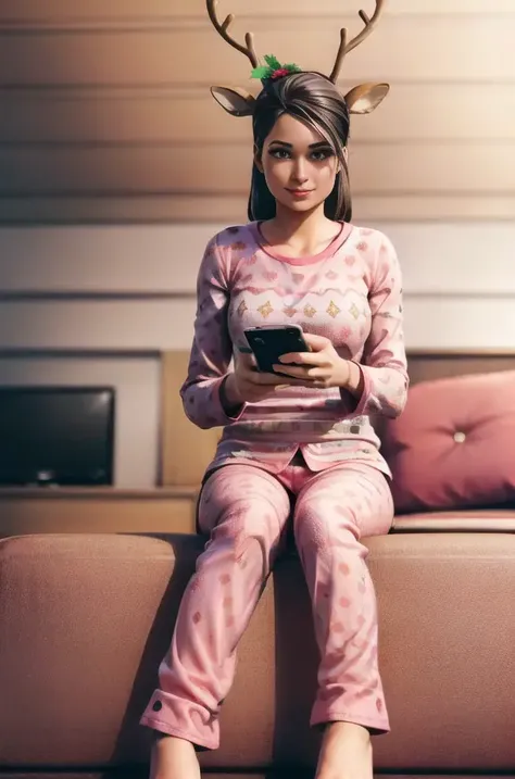 <lora:Fortnite_Reindeer_Raider_v2:0.5>, 1girl, solo, best quality, FR_Reindeer_Raider, (Red Nose:1.2), long eyelashes, (Christmas Holly:1.2), full body, eyes open, looking down at phone, smirk, (((pink pajamas, sitting on couch, texting, cellphone, interior, living room)))