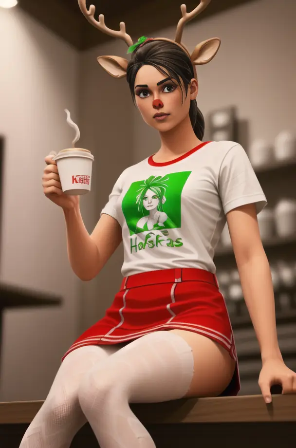 <lora:Fortnite_Reindeer_Raider_v2:0.5>, 1girl, solo, picture-perfect face, flawless, clean, masterpiece, professional artwork, famous artwork, cinematic lighting, cinematic bloom, perfect face, beautiful face, beautiful eyes, FR_Reindeer_Raider, Black Band T-Shirt, Christmas Holly, (Red Nose:1.2), Skirt, Sneakers, Sitting, Coffee Shop, Drinking Coffee
