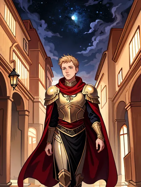 anonethanhayle01 , BREAK Style-GravityMagic, solo, half shot, looking up, detailed background, detailed face, (byzantine theme:1.1) middle-eastern desert noble, pink moroccan armor, silk cape, walking, persian culture, in background, night sky, fantasy atmosphere,