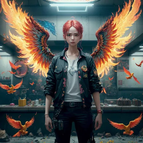((flaming wings)), creativity, (floating rock, ultra high res), anonethanhayle01, highly detailed, (Magic mirror), tools on floor in background, ruby in a lush brown subway station with flowers and birds, observation, intricate, pixiv, scene detail extreme objects, concrete walls, loving, iridescent shirt, dramatic+