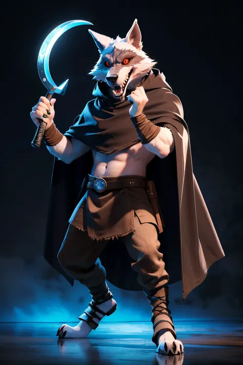 deathwolf, wolf, red eyes, black sclera, glowing eyes, cloak, hood,arm wraps, leg wraps, looking at viewer,serious, mouth open, sharp teeth,
standing, action pose, holding a sickle, inside the dream world, dark aura, extreme detail, masterpiece, fantasy, <lora:deathwolf_pussinboots:.8>