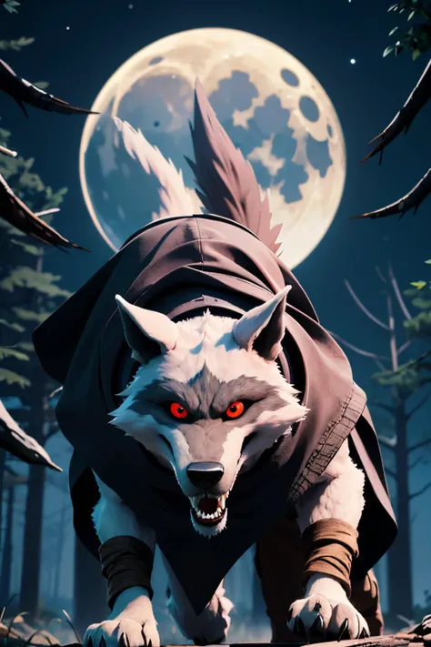 deathwolf, wolf, red eyes, black sclera, glowing eyes, cloak, hood,arm wraps, leg wraps, looking at viewer, angry, mouth open, sharp teeth,
on all fours, outside, park, trees, night, moon, dynamic angle, extreme detail, masterpiece, fantasy, <lora:deathwolf_pussinboots:.8>