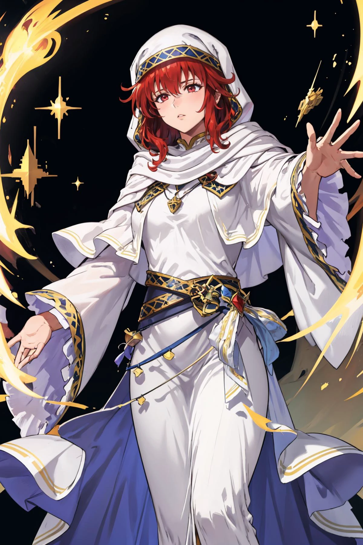 masterpiece, best quality, <lora:lenaV1:0.8> lena, white robe, hood, wide sleeves, jewelry, long sleeves, furrowed brow, outstretched hand, casting magic, white theme, holy magic, whole body, black background, standing, simple background <lora:FEH_Concept_v2:1> feh
