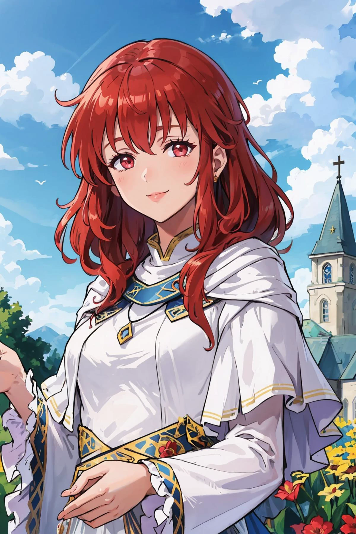 masterpiece, best quality, <lora:lenaV1:1> lena, white robe, wide sleeves, jewelry, long sleeves, looking at viewer, smile, upper body, flower patch, church, outdoors, clouds, sky