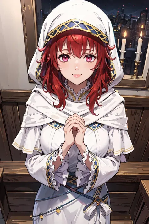 from above,upper body,<lora:lenaV1:0.9>,lena, wide sleeves, looking at viewer, own hands together,light smile, jewelry, long sleeves, hood,white robe,chapel,indoors,night,(masterpiece, best quality, ultra-detailed, best shadow)