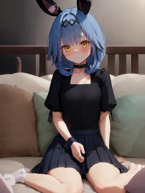 SLE, mksks style, detailed background absurdres, highres, solo, 1girl, nautilus, afternoon stretches, rabbit ears, fake animal ears, hairband, hair ornament, black choker, blue dress, puffy short sleeves, collarbone, wrist cuffs, blue skirt, pleated skirt, black pantyhose, no shoes, sitting, wariza, on couch, expressionless, head tilt, blush, frown, looking at viewer, full body, couch, mansion, indoors