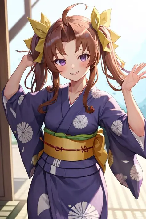 best quality, masterpiece, highres, solo, {yukata:1.40}, {kimono:1.20}, {kagerou_kantaicollection:1.15}, brown_hair, twintails, ribbon, long_hair, hair_ribbon, ahoge, purple_eyes, green_ribbon, vest, neck_ribbon, smile, white_ribbon, yellow_ribbon