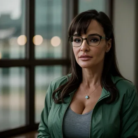 cinematic film still of <lora:Lisa Ann SD1.5:1.2>
Lisa Ann a woman with glasses and a green jacket, shallow depth of field, vignette, highly detailed, high budget, bokeh, cinemascope, moody, epic, gorgeous, film grain, grainy