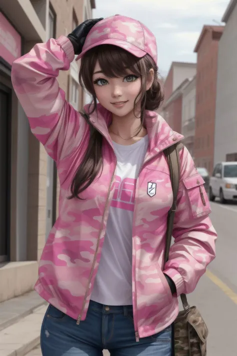 best quality, woman, wearing Pink camouflage, <lora:hairdetailer:.5> <lora:add_detail:0.5> <lora:boldline:0.2>