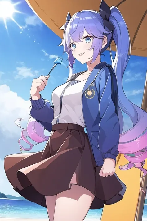 (best quality, high definition, masterpiece:1.2,), Illustration, sun, 1girl,solo,upperbody, waiting for kiss, looking at viewer, happy,blue jacket,skirt <lora:AvaV1:1>,long_hair