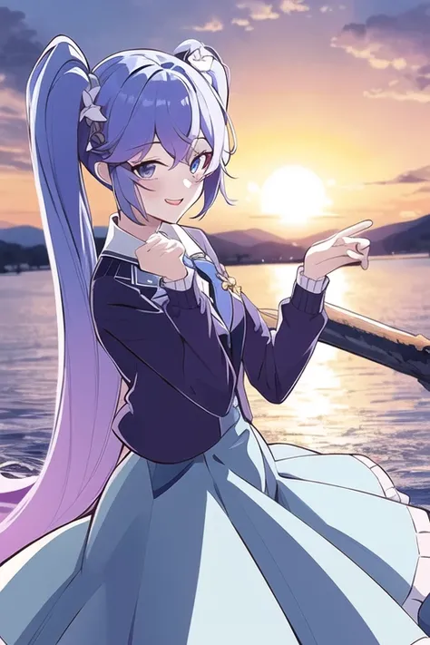 (best quality, high definition, masterpiece:1.2,), Illustration, sun, 1girl,solo,upperbody, waiting for kiss, looking at viewer, happy,blue jacket,skirt <lora:AvaV1:1>,long_hair