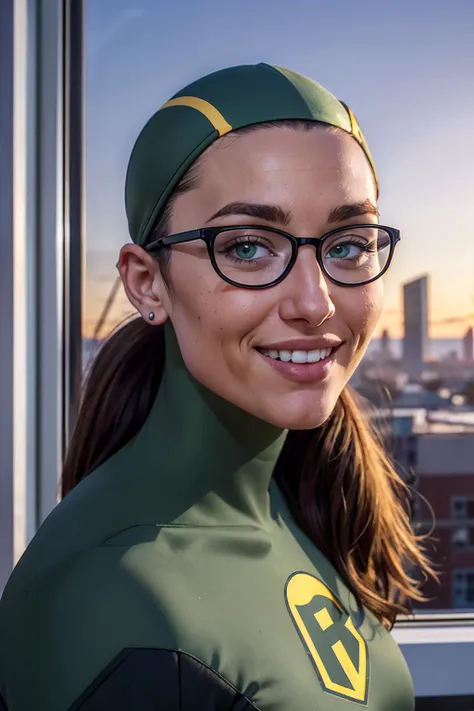 rae, ponytail, green eyes, lips,glasses,head cap, bodysuit, looking at viewer, smiling, close up portrait, inside, fancy office, window, cityscape, sunset, dusk, high quality, masterpiece, <lora:shrinkingRae:.7>