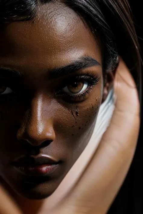 ((Portrait shot)),(masterpiece:1.5),concept art,intricate details,highly detailed,photorealistic,octane render,8k,unreal engine,dynamic pose,best quality,highres,(realistic face:1.1),(hyperrealistic:1.1),((full_body)),perfect eyes,(dark skin:1.4),(((hairstyle))),(((perfect hands))),(extremely detailed background),((dynamic background)),((african 1girl)),wearing (snwnrs white uniform:1.02),((detailed eyes, high quality eyes, high quality face)),short hair,((dramatic)),epic,battlefield,depth of field,bokeh,4k,ember,particles, <lora:snwnrsV8-000024:0.8>, nude