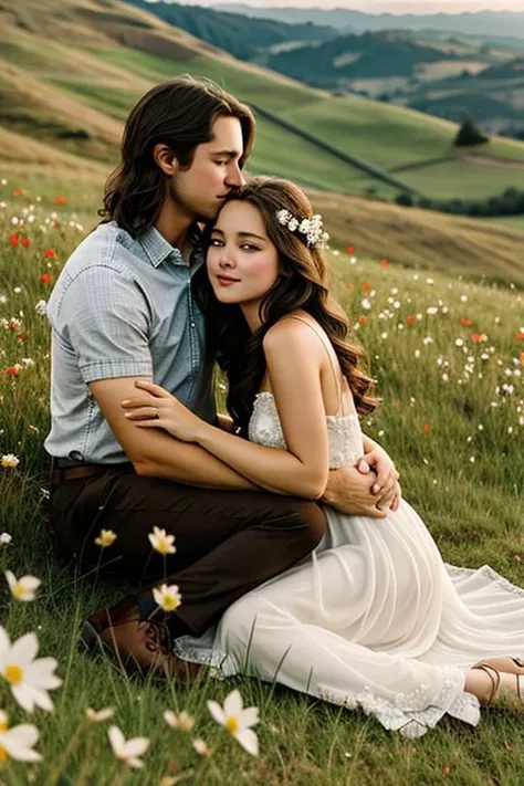 A perfect couple of lovers, man dark brown short hair and woman absurd long brown hair, dark brown eyes, sitting on the ground, romance fantasy , flowers, blond hair, in the hillside
film grain, photorealsitic, soft light, exposure blend, medium shot, realistic illustration,