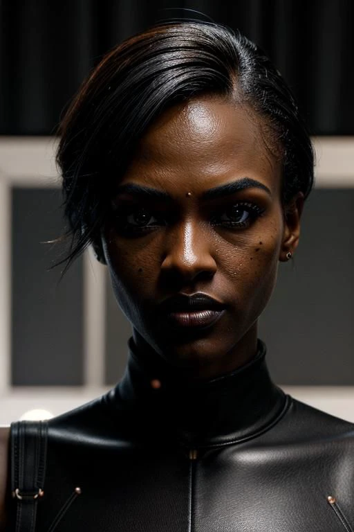 ((Portrait shot)),(masterpiece:1.5),concept art,intricate details,highly detailed,photorealistic,octane render,8k,unreal engine,dynamic pose,best quality,highres,(realistic face:1.1),(hyperrealistic:1.1),((full_body)),perfect eyes,(dark skin:1.4),(((hairstyle))),(((perfect hands))),(extremely detailed background),((dynamic background)),((african 1girl)),wearing (snwnrs white uniform:1.02),((detailed eyes, high quality eyes, high quality face)),short hair,((dramatic)),epic,battlefield,depth of field,bokeh,4k,ember,particles, <lora:snwnrsV8-000024:0.8>, nude, nsfw