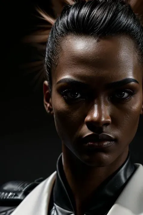 ((Portrait shot)),(masterpiece:1.5),concept art,intricate details,highly detailed,photorealistic,octane render,8k,unreal engine,dynamic pose,best quality,highres,(realistic face:1.1),(hyperrealistic:1.1),((full_body)),perfect eyes,(dark skin:1.4),(((hairstyle))),(((perfect hands))),(extremely detailed background),((dynamic background)),((african 1girl)),wearing (snwnrs white uniform:1.02),((detailed eyes, high quality eyes, high quality face)),short hair,((dramatic)),epic,battlefield,depth of field,bokeh,4k,ember,particles, <lora:snwnrsV8-000024:0.8>, nude