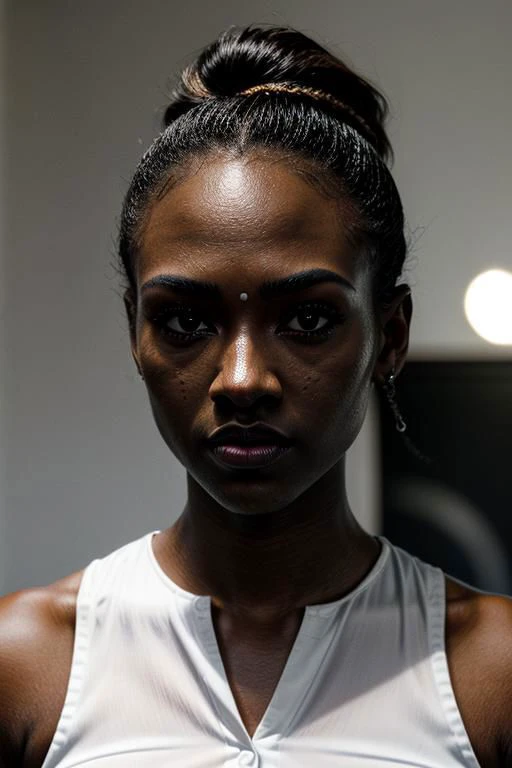 ((Portrait shot)),(masterpiece:1.5),concept art,intricate details,highly detailed,photorealistic,octane render,8k,unreal engine,dynamic pose,best quality,highres,(realistic face:1.1),(hyperrealistic:1.1),((full_body)),perfect eyes,(dark skin:1.4),(((hairstyle))),(((perfect hands))),(extremely detailed background),((dynamic background)),((african 1girl)),wearing (snwnrs white uniform:1.02),((detailed eyes, high quality eyes, high quality face)),short hair,((dramatic)),epic,battlefield,depth of field,bokeh,4k,ember,particles, <lora:snwnrsV8-000024:0.8>, nude, nsfw