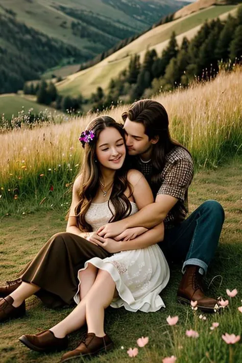 A perfect couple of lovers, man dark brown hair and woman absurd long brown hair, dark brown eyes, sitting on the ground, romance fantasy , flowers, blond hair, in the hillside
film grain, photorealsitic, soft light, exposure blend, medium shot, realistic illustration,