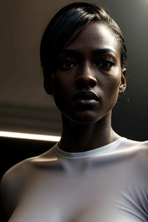 ((Portrait shot)),(masterpiece:1.5),concept art,intricate details,highly detailed,photorealistic,octane render,8k,unreal engine,dynamic pose,best quality,highres,(realistic face:1.1),(hyperrealistic:1.1),((full_body)),perfect eyes,(dark skin:1.4),(((hairstyle))),(((perfect hands))),(extremely detailed background),((dynamic background)),((african 1girl)),wearing (snwnrs white uniform:1.02),((detailed eyes, high quality eyes, high quality face)),short hair,((dramatic)),epic,battlefield,depth of field,bokeh,4k,ember,particles, <lora:snwnrsV8-000024:0.8>, nude, nsfw