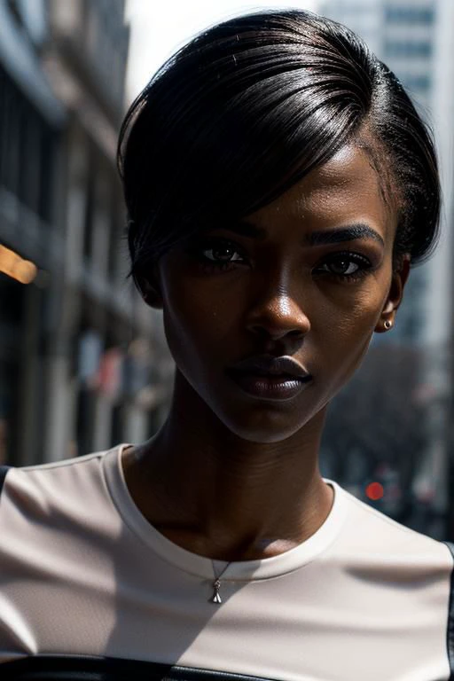 ((Portrait shot)),(masterpiece:1.5),concept art,intricate details,highly detailed,photorealistic,octane render,8k,unreal engine,dynamic pose,best quality,highres,(realistic face:1.1),(hyperrealistic:1.1),((full_body)),perfect eyes,(dark skin:1.4),(((hairstyle))),(((perfect hands))),(extremely detailed background),((dynamic background)),((african 1girl)),wearing (snwnrs white uniform:1.02),((detailed eyes, high quality eyes, high quality face)),short hair,((dramatic)),epic,battlefield,depth of field,bokeh,4k,ember,particles, <lora:snwnrsV8-000024:0.8>, nude, nsfw