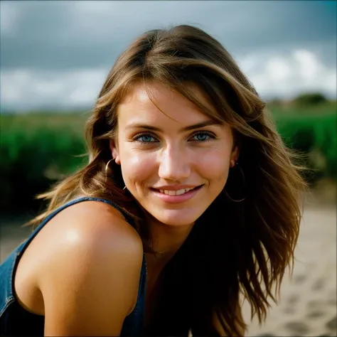 Realistic photo of a beautiful c4m3r0nd-v2 woman, 1girl, solo, looking at viewer, smile, short hair, blue eyes, blonde hair, brown hair, jewelry, earrings, parted lips, teeth, blurry, lips, blurry background, messy hair, portrait, realistic, soft lighting, professional Photography, Photorealistic, detailed, RAW, analog, sharp focus, 8k, HD, DSLR, high quality, Fujifilm XT3, film grain, award winning, masterpiece<lora:c4m3r0nd-v2:1.0>